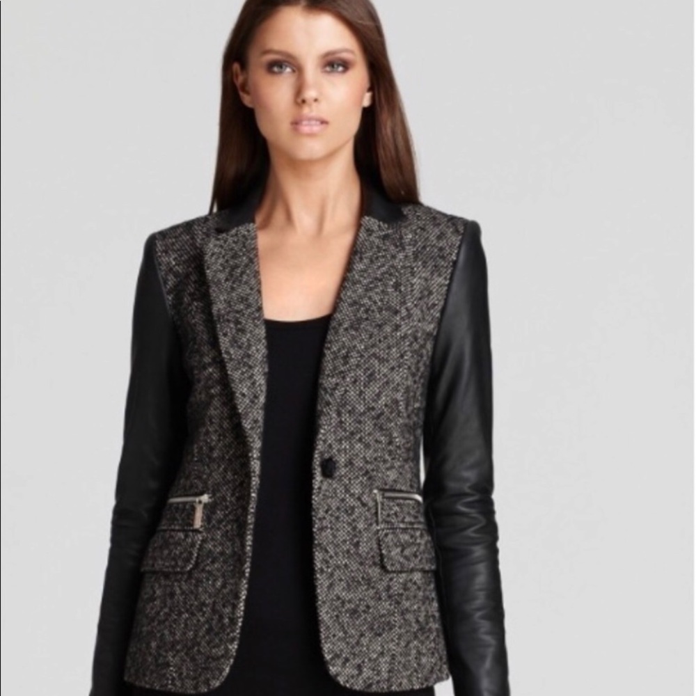 MICHAEL KORS Wool Faux Leather Herringbone Blazer